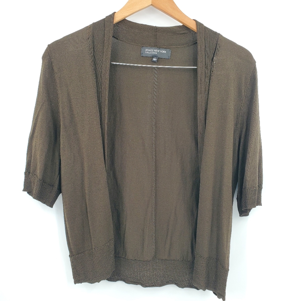 ♤♤ Jones New York Chocolate Brown Knit Open Front Half Sleeve Cardigan Large